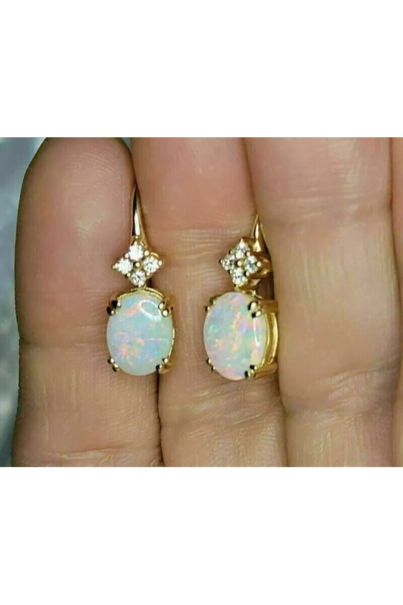 Women"s Drop Dangle Earrings 14K Yellow Gold Plated Silver Lab Created opal 3Ct Oval