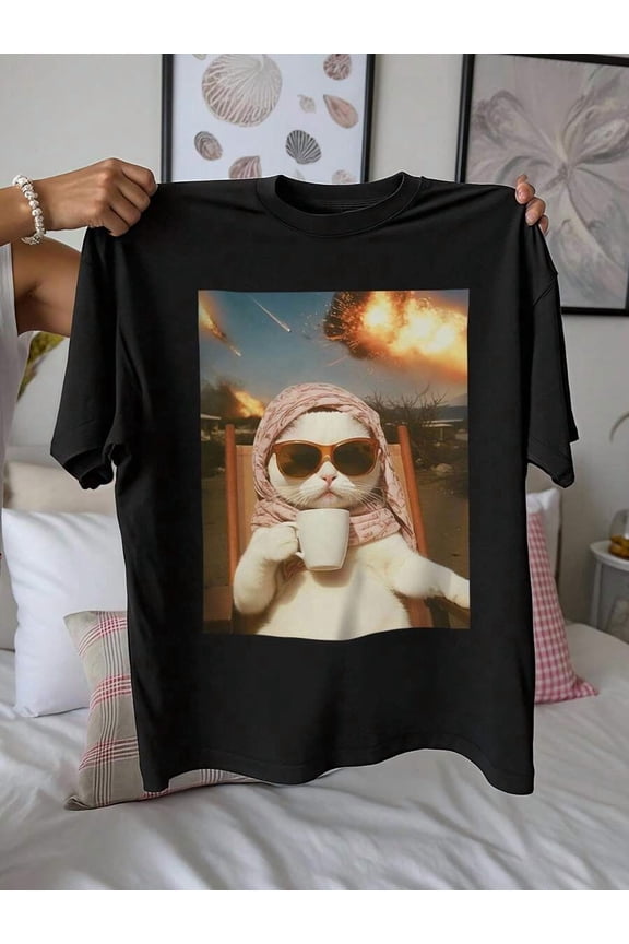 Women's Drop Shoulder Cat Funny Meme T-Shirt