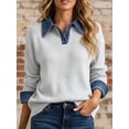 thumbnail image 1 of Women's Drop Shoulder Denim Patchwork Sweater Loose Fit Long Sleeve Knit, 1 of 5