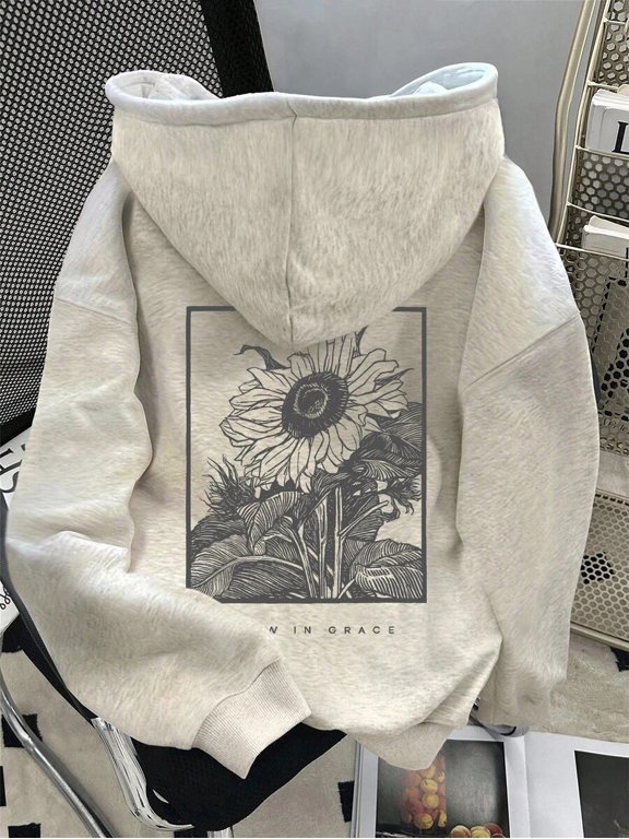 Women's Drop Shoulder Hooded Pullover, Sunflower Graphic Print Casual Long Sleeve Top