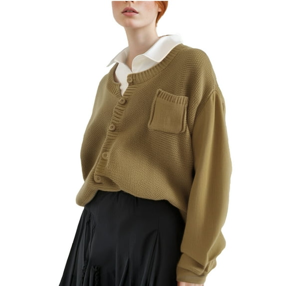 Women's Drop Shoulder Long Sleeve Cardigan Sweater Button Up Pocket Front Cardigans Lightweight Knit Tops