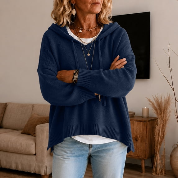 Women's Drop Shoulder Long Sleeve Drawstring Loose Knit Hooded Pullover Sweater L