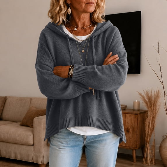 Women's Drop Shoulder Long Sleeve Drawstring Loose Knit Hooded Pullover Sweater S