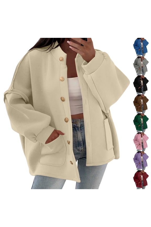 Women's Drop Shoulder Long Sleeve Stand Collar Button Jacket Coat Blouse Loose Fit Casual Outerwear with Pockets for Fall Winter | CSEONE,Black XL