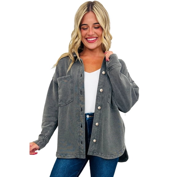 Women's Drop Shoulder Shacket in Medium Grey – Side Slit for Fall Comfort | L