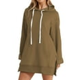 thumbnail image 1 of Women's Drop Shoulder Solid Color Hooded Sweatshirt with Side Pockets and Side Slits, Soft Breathable Long Sleeve Casual Pullover for Winter, Daily Wear and Street Fashion Khaki L, 1 of 6