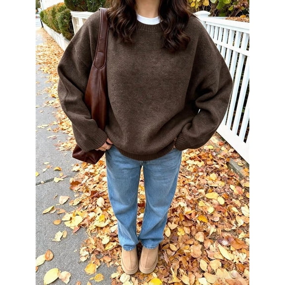 Women's Drop Shoulder Sweater Round Neck Long Sleeve Knit Pullover Loose Fit for Daily Wear