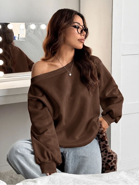 Women's Drop Shoulder Sweatshirt Off Shoulder Long Sleeve Pullover Top Loose Fit for Everyday Style