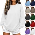 thumbnail image 1 of Women's Drop Shoulder Sweatshirt Solid Color Trendy Crew Neck with Ribbed Back Cross Detail Loose Fit for School Work & Weekend, 1 of 6