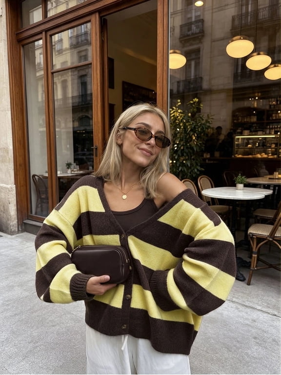 Women's Drop-Shoulder V-Neck Striped Knit Cardigan, Long Sleeve