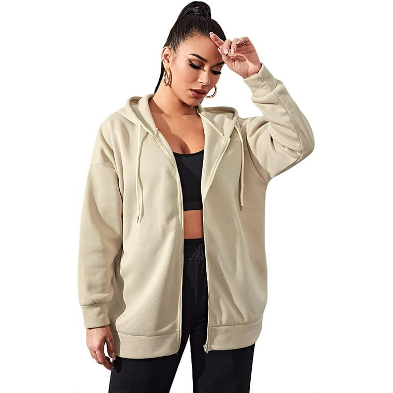 Women's Drop Shoulder Zip Up Long Sleeve Drawstring Hoodie Oversize Coat