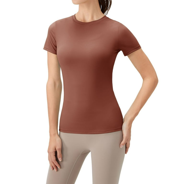 Women s Dry Fit T Shirt Short Sleeve Athletic Shirts Round Neck Sport Activewear Tee Workout Top Brown M