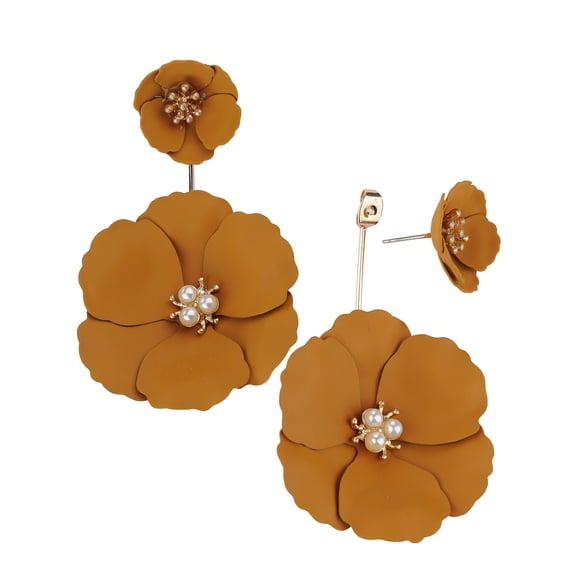 Women's Dual Matte Flower Petal Bead Center Dangle Pierced Earrings, Mustard