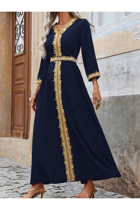Women's Dubai Style Navy Blue Abaya, Gold Embroidered Lace Trim Long Sleeve Kaftan, Elegant Modest Islamic Maxi Dress