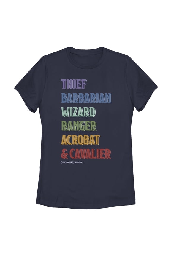 Women's Dungeons & Dragons Class Name Rainbow Cartoon Graphic Tee Navy Blue Small