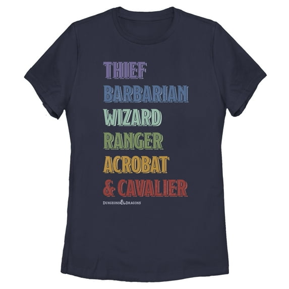Women's Dungeons & Dragons Class Name Rainbow Cartoon Graphic Tee Navy Blue Small