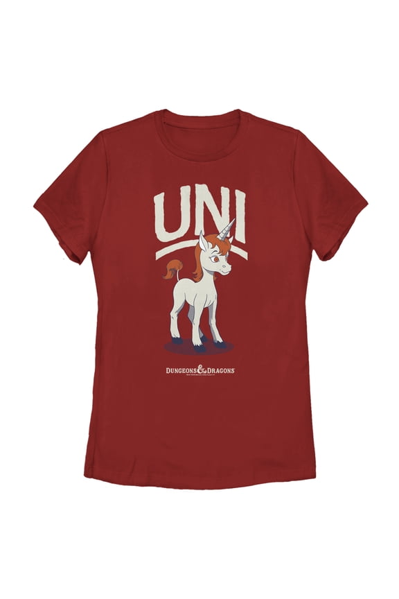 Women's Dungeons & Dragons Uni Unicorn Pose Cartoon Graphic Tee Red Medium