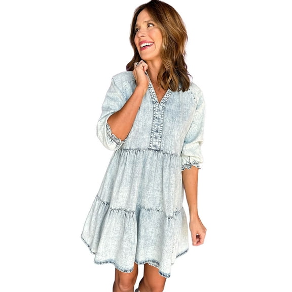 Women's Dusk Blue Acid Wash Retro Half Sleeve Flared Denim Dress