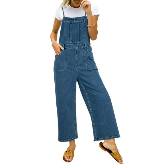 Women's Dusk Blue Adjustable Tie Straps Cropped Wide Leg Denim Overalls - [ZhiHiMeRi] | (US 12-14)L