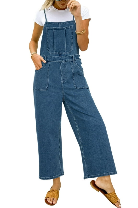 Women's Dusk Blue Adjustable Tie Straps Cropped Wide Leg Denim Overalls - [ZhiHiMeRi] | (US 12-14)L