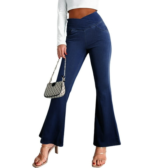 Women's Dusk Blue High Waist Flare Jeans with Crossed Waist - [ZhiHiMeRi] | (US 20-22)2XL