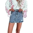 thumbnail image 1 of Women's Dusk Blue Rhinestone Distressed Denim High Waist Mini Skirt - [ZhiHiMeRi] | (US 12-14)L, 1 of 8
