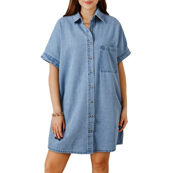 Women's Dusk Blue Short Sleeve Pocketed Button-Up Denim Tunic Dress | [ZhiHiMeRi] | (US 12-14)L