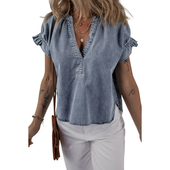Women's Dusk Blue V Neck Ruffled Short Puff Sleeve Denim Top - Stylish Casual Wear - [ZhiHiMeRi] | (US 12-14)L