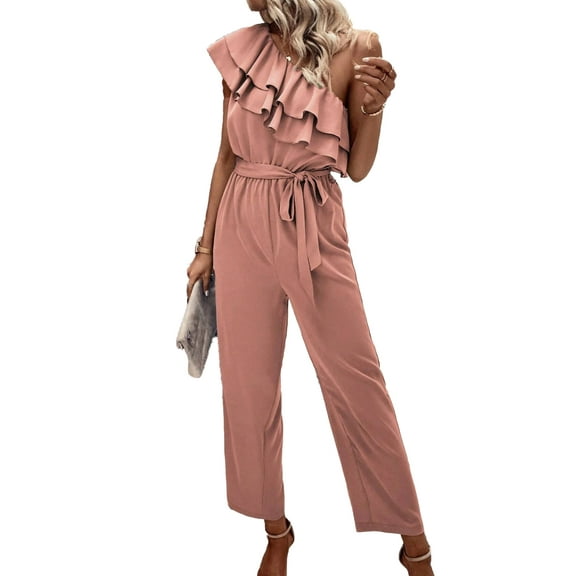 Women's Dusty Pink One Shoulder Ruffle Jumpsuit with Belt
