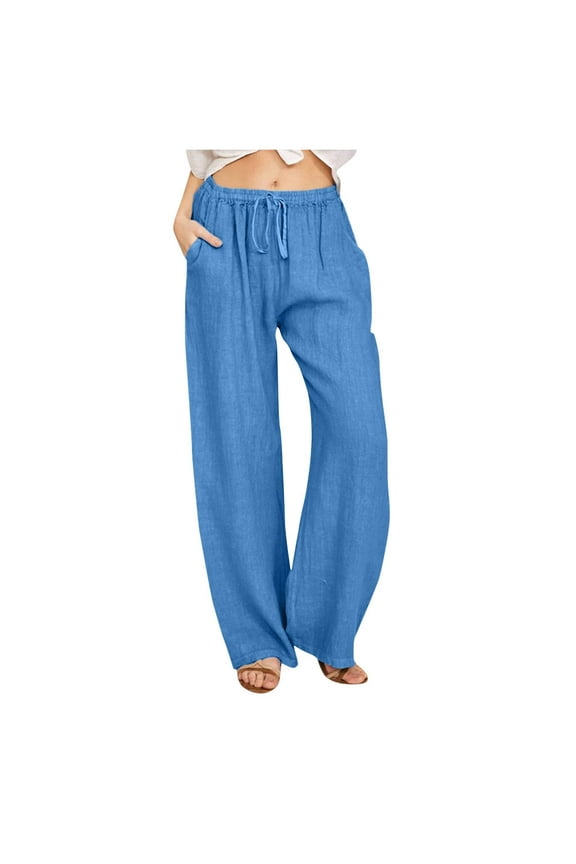 Women's Dye Linen Pants Summer Drawstring Waist Wide Leg Loose Linen Palazzo Pants Beach Palazzo Harem Pants Blue,M