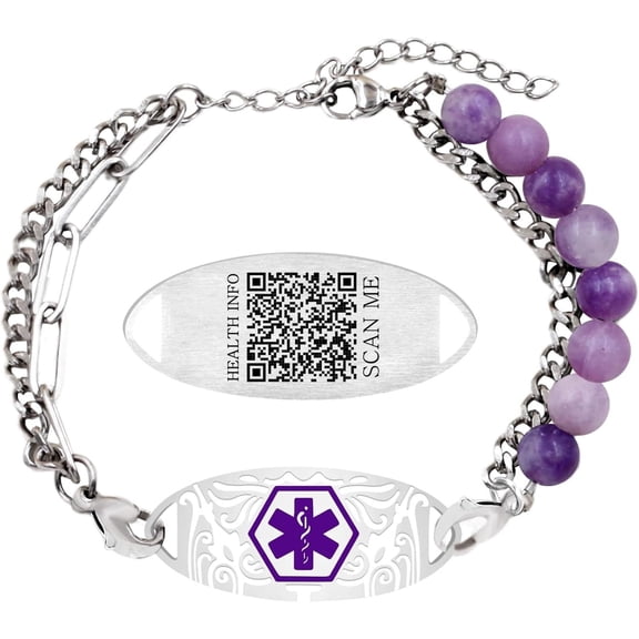 Women’s Dynamic QR Code Medical Alert Bracelet, Adjustable Purple Natural Stone & Stainless Steel Medical ID Jewelry, Scan to Enter Emergency Information