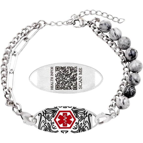 Women’s Dynamic QR Code Medical Alert Bracelet, Adjustable Purple Natural Stone & Stainless Steel Medical ID Jewelry, Scan to Enter Emergency Information
