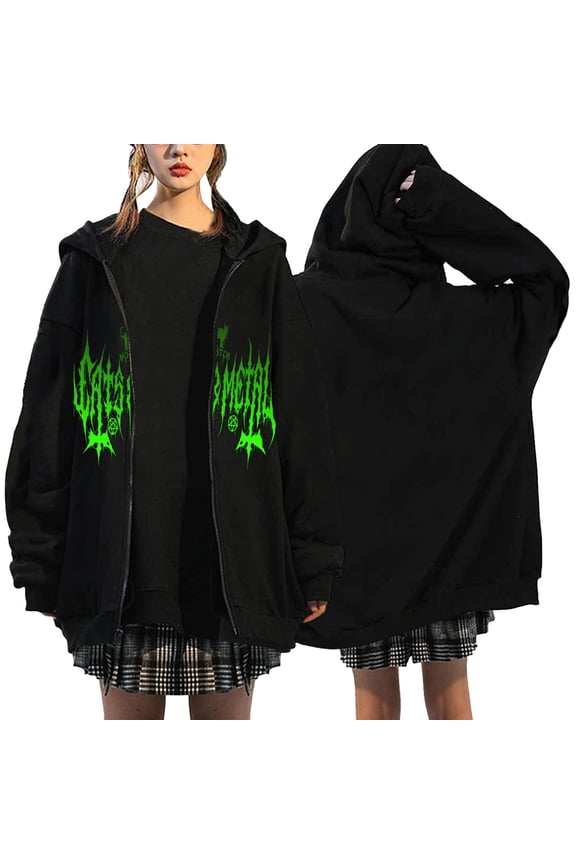 Women's E-Girl Goth Zip Hoodie Lace Up Long Sleeve Heavy Lined Pullover Hooded Sweatshirt Baggy Winter Jacket