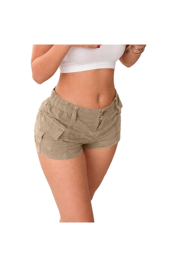 Women's E-Girl Slim Fit Elastic Waist Cargo Shorts, Summer Streetwear Multiple Pocket Shorts for Women, Khaki XXL