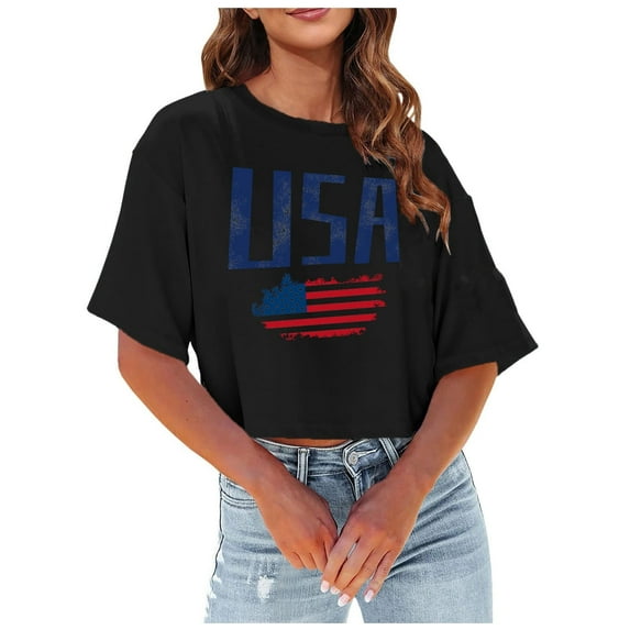 Women's E Independence Day USA Printed Casual Cropped Crew Neck Short Sleeve T Shirt Top for Women Womens Long Sleeve Layering Shirt Womens Medium Shirts Athletic Long Sleeve Shirt Women Workout Tops