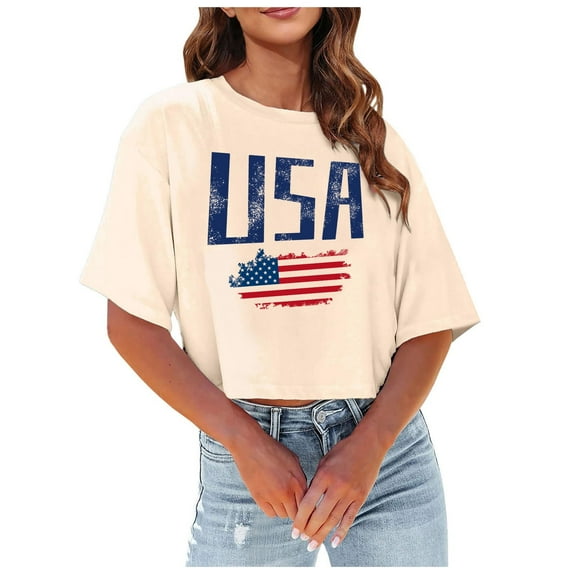 Women's E Independence Day USA Printed Casual Cropped Crew Neck Short Sleeve T Shirt Top for Women Womens Long Sleeve Layering Shirt Womens Medium Shirts Athletic Long Sleeve Shirt Women Workout Tops