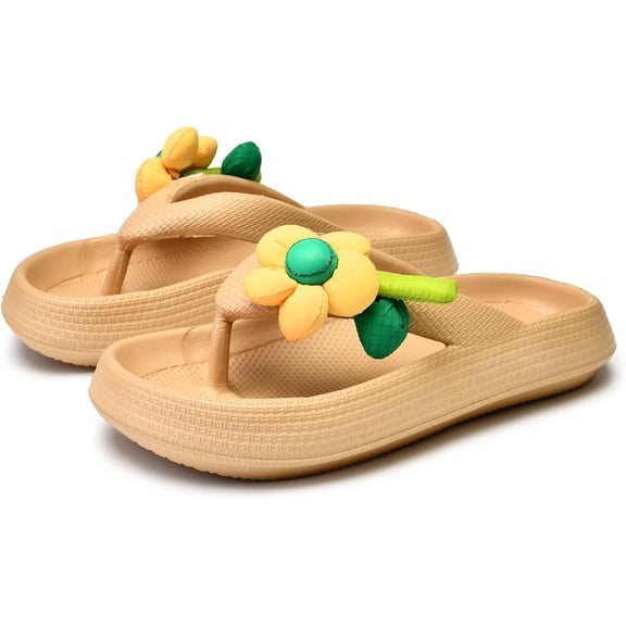 Women’s EVA Platform Flip Flops with 3D Cotton Flower, Soft Pillow Sandals, Non-Slip Cushioned Thong Slippers for Indoor & Outdoor, Cute Summer Slides