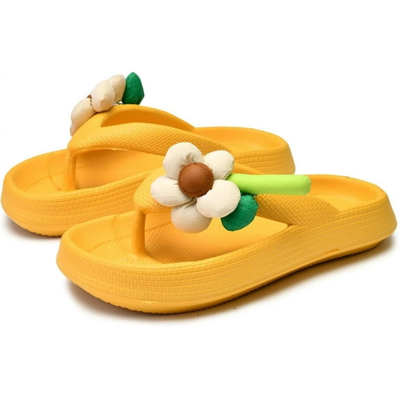 Women’s EVA Platform Flip Flops with 3D Cotton Flower, Soft Pillow Sandals, Non-Slip Cushioned Thong Slippers for Indoor & Outdoor, Cute Summer Slides