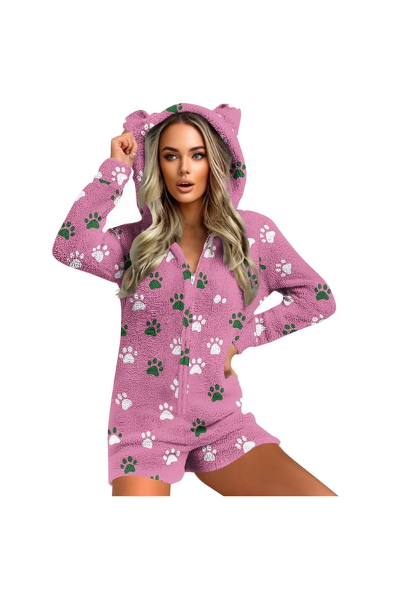 Women's Ears Pajamas Print Jumpsuits Cute Onesie Pajama Zip Up Romper V Neck Loungewear Fluffy Sherpa Sleepshirt Shaggy Bathrobe Warm Thicken Housecoat Pocket Robe