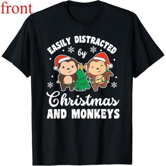Women's "Easily Distracted By Christmas And Monkeys" Graphic Cotton T Shirt Casual Short Sleeve Round Neck Top Black S-5XL