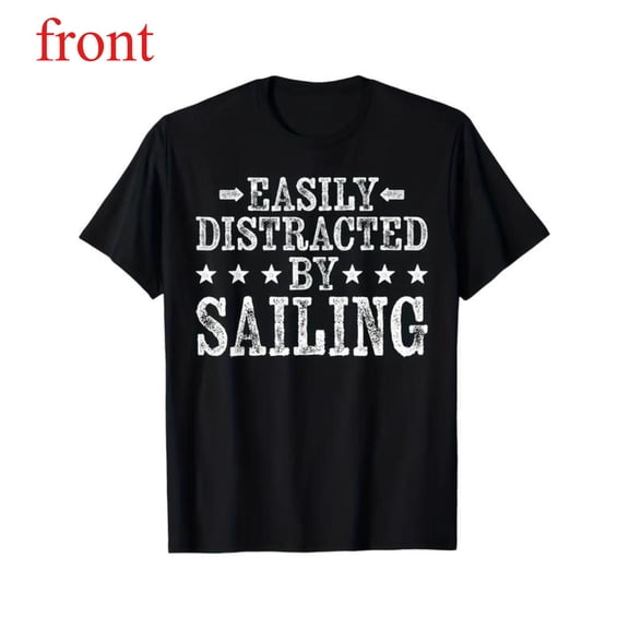 Women's "Easily Distracted By Sailing" Distressed Graphic Comfortable T-Shirt Cotton Short Sleeve Round Neck Top Black S-5XL