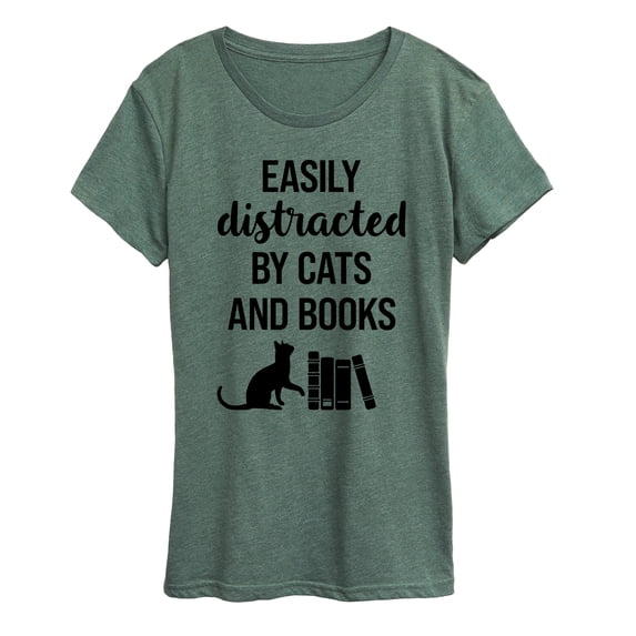 Instant Message - Distracted by Cats and Books - Women's Short Sleeve Graphic T-Shirt