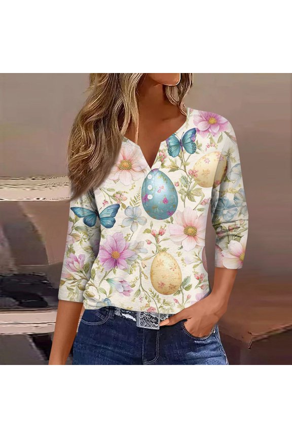 Women's Easter 3/4 Sleeve Casual Sweater, Cute Easter Printed Softest Pullover, Spring Oversized Button Neck T-Shirts