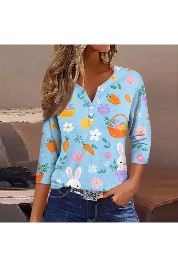 Women's Easter 3/4 Sleeve Casual Sweater, Cute Easter Printed Softest Pullover, Spring Oversized Button Neck T-Shirts