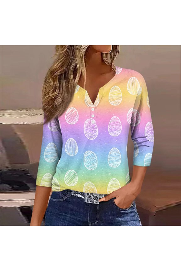 Women's Easter 3/4 Sleeve Casual Sweater, Cute Easter Printed Softest Pullover, Spring Oversized Button Neck T-Shirts