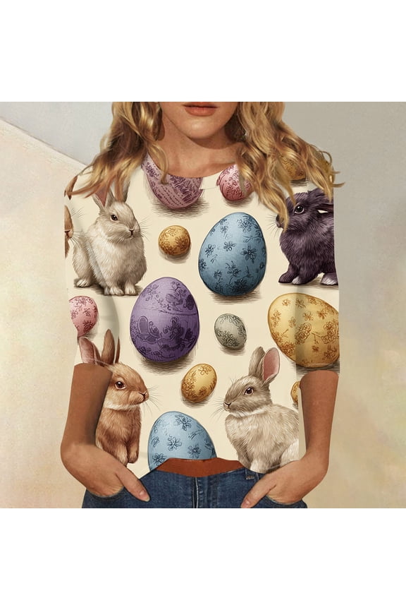 Women's Easter 3/4 Sleeve Sweater, Cute Easter Printed Softest Pullover, Round Neck Spring Oversized Casual T-Shirts