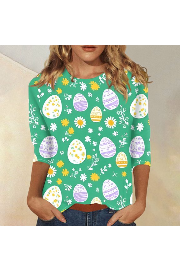 Women's Easter 3/4 Sleeve Sweater, Cute Easter Printed Softest Pullover, Round Neck Spring Oversized Casual T-Shirts