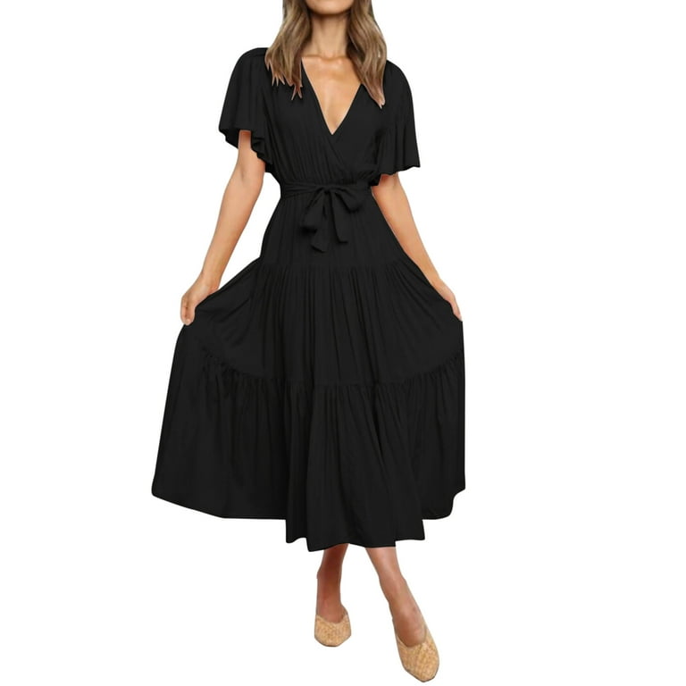 Women's Easter Dresses Women's Summer Boho Beach Sleeveless Solid Color  Ruffle Party Tiered Midi Dress