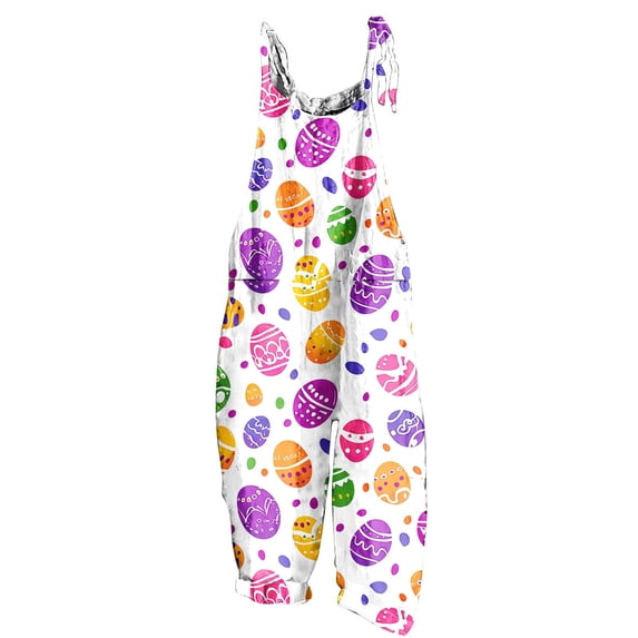 Women's Easter Egg Print Linen Rompers Casual Adjustable Strap Sleeveless Wide Leg Jumpsuits with Pockets
