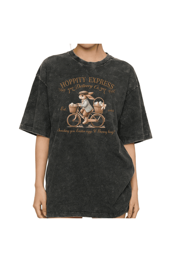 Women's Easter Hoppity Express Vintage Bunny Delivery Co Graphic Comfortable Washed T Shirt Black S-2XL Plus Size